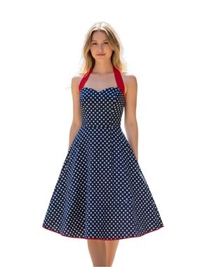 Lindy Bop Navy Star Halter Midi Dress with Red Accents Size L